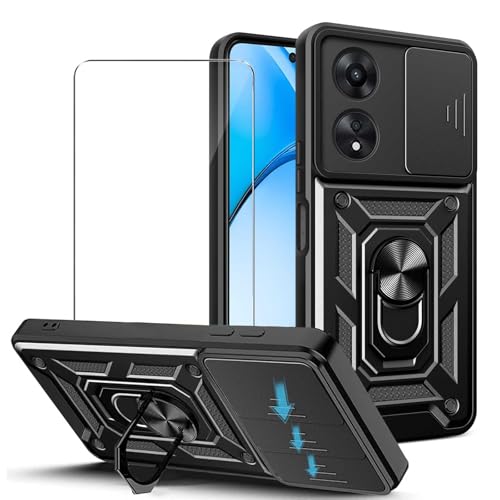JDXHFF Hülle Kompatibel mit Oppo A60 4G (6.67") und 1 x Panzerglas Displayschutzfolie - Weiche TPU und Hart PC Silikon Tasche Schutzhülle mit 360 ° Grad Ring Ständer Case Schwarz von JDXHFF