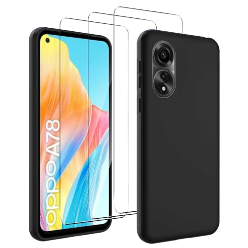 JDXHFF Hülle Kompatibel mit Oppo A78 4G (6.43") Schwarz und 3 Stück Panzerglas Displayschutzfolie - Schutzhülle Weich Silikon Flexibel TPU Tasche Case Black von JDXHFF