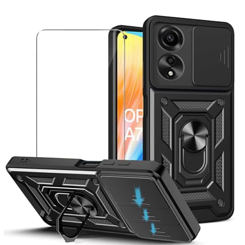 JDXHFF Hülle Kompatibel mit Oppo A78 4G (6.43") und 1 x Panzerglas Displayschutzfolie - Weiche TPU und Hart PC Silikon Tasche Schutzhülle mit 360 ° Grad Ring Ständer Case Schwarz von JDXHFF