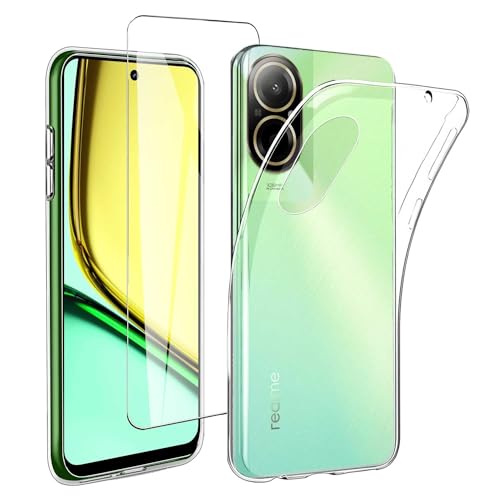 JDXHFF Hülle Kompatibel mit Realme C67 4G (6.72") Transparent und Panzerglas Displayschutzfolie - Schutzhülle Weich Silikon Flexibel TPU Tasche Case Clear von JDXHFF