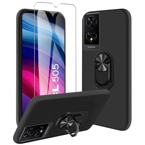 JDXHFF Hülle Kompatibel mit TCL 505 (6.75") Schwarz und 360° Drehbarer Ständer und Panzerglas Displayschutzfolie - Schutzhülle Weich Silikon Flexibel TPU Tasche Case Black von JDXHFF