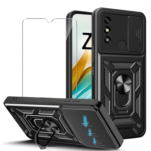 JDXHFF Hülle Kompatibel mit ZTE Blade A53 (6.52") und 1 x Panzerglas Displayschutzfolie - Weiche TPU und Hart PC Silikon Tasche Schutzhülle mit 360 ° Grad Ring Ständer Case Schwarz von JDXHFF