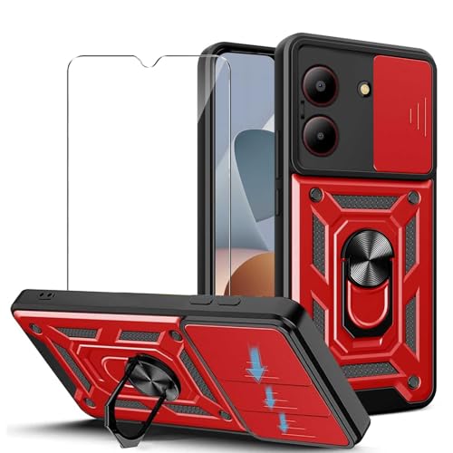 JDXHFF Hülle Kompatibel mit ZTE Blade A54 (6.6") und 1 x Panzerglas Displayschutzfolie - Weiche TPU und Hart PC Silikon Tasche Schutzhülle mit 360 ° Grad Ring Ständer Case Rot von JDXHFF