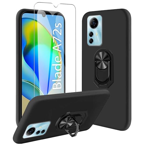 JDXHFF Hülle Kompatibel mit ZTE Blade A72S (6.75") Schwarz und 360° Drehbarer Ständer und Panzerglas Displayschutzfolie - Schutzhülle Weich Silikon Flexibel TPU Tasche Case Black von JDXHFF