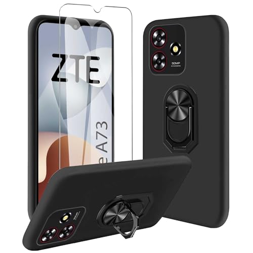 JDXHFF Hülle Kompatibel mit ZTE Blade A73 4G (6.6") Schwarz und 360° Drehbarer Ständer und Panzerglas Displayschutzfolie - Schutzhülle Weich Silikon Flexibel TPU Tasche Case Black von JDXHFF