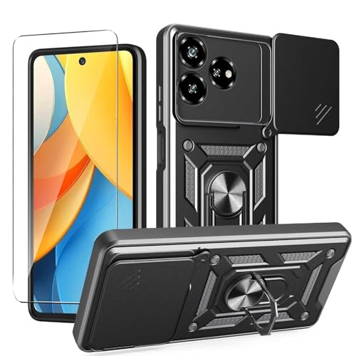 JDXHFF Hülle Kompatibel mit ZTE Blade V60 Vita (6.6") und 1 x Panzerglas Displayschutzfolie - Weiche TPU und Hart PC Silikon Tasche Schutzhülle mit 360 ° Grad Ring Ständer Case Schwarz von JDXHFF