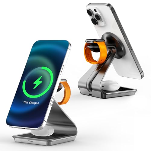 3 in 1 Induktive Kabelloses Ladestation Kompatibel mit Magsafe Ladegerät, JE Handy-induktionsladegeräte für iPhone 16/15/14/13/12 Serie, für Apple Watch 8/7/6/5/4/3/2/SE, AirPods 3/2/Pro,Schwarz von JE Make IT Simple
