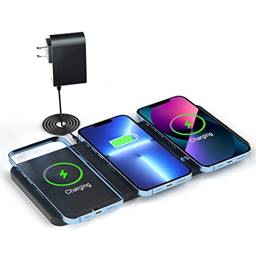 3 in 1 Wireless Charger Ladepad, 15W Max Induktive Ladestation Wireless Charging Station für Apple iPhone 15/14/13/12/Pro/Max Qi Triple Kabelloses Ladegerät für AirPods,Schwarz(Mit Adapter) von JE Make IT Simple