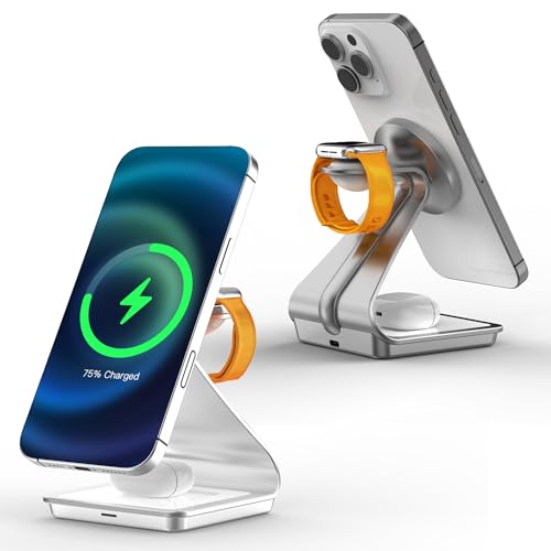 JE Induktive Ladestation Kompatibel mit Magsafe Ladegerät, 3 in 1 Ladestation Apple Wireless Charger für iPhone 16/15/14/13/12 Serie, für Apple Watch 8/7/6/5/4/3/2/SE und AirPods 3/2/Pro(Weiß) von JE Make IT Simple