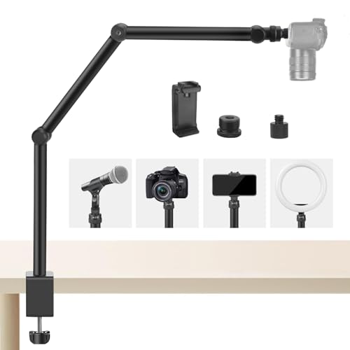 JEBUTU AS05 Tischstativ Kamera Overhead Stativ Handy, Klemmstativ Flexibel Gelenkarm Tisch Halterung mit mit 1/4" Gewinde, 3/8'' & 5/8" Schrauben Adapter für Kamera, Microphone, Tablet, Ringlicht von JEBUTU