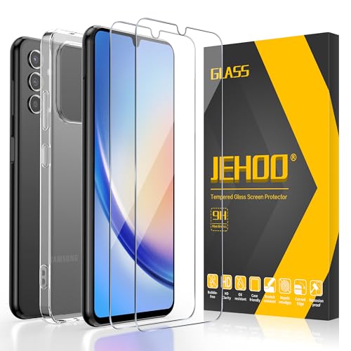 JEHOO 3 in 1 Klar Hülle für Samsung Galaxy A34 5G, mit 2 Stück Panzer Schutz Glas, Dünne Weiche TPU Silikon Transparent Stoßfest Schutzhülle Durchsichtige Handyhülle Kratzfest Case von JEHOO