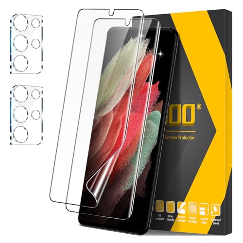 JEHOO Schutzfolie für Samsung Galaxy S21 Ultra, [2+2 Stück] Weiche TPU Schutzfolie [Nicht-Glas] und Kameraschutz, Fingerabdruck-ID Unterstützen HD Klar Blasenfreie Vollständige Abdeckung von JEHOO
