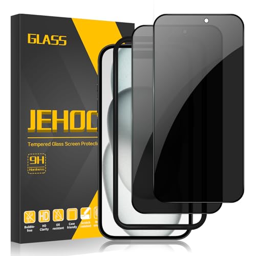 JEHOO Sichtschutz für iPhone 15 6.1 Zoll Schutzfolie, [2 Stück] Panzer Schutz Glas mit Rahmen für Einfache Installation, Anti-Spähen Gehärtetes Glas 9H Härte Blickschutzfolie Blasenfrei von JEHOO