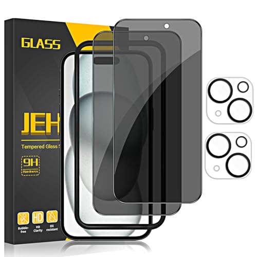 JEHOO Sichtschutz für iPhone 15 Panzer Schutz Glas, 2 Spähen Privatsphäre Sichtschutzfolie und 2 Kamera Glasfolie, 9H Härte Blickschutzfolie, Frei von Kratzern Folie, Rahmen-Installationshilfe von JEHOO