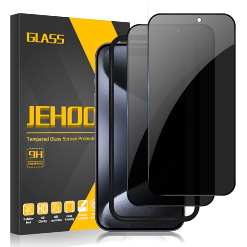 JEHOO Sichtschutz für iPhone 15 Pro Max 6,7 Zoll Schutzfolie, [2 Stück] Privatsphäre Glas mit Rahmen für Einfache Installation, Anti-Spähen Gehärtetes Glas 9H Härte Blickschutzfolie Blasenfrei von JEHOO