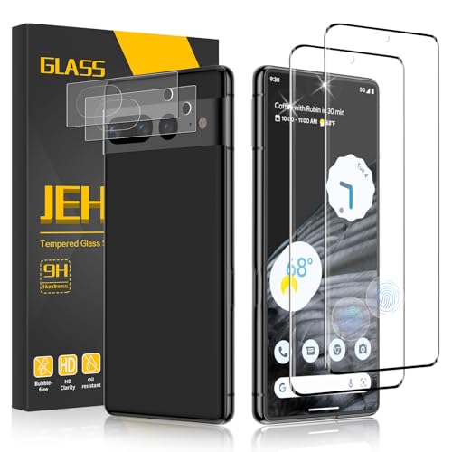 JEHOO für Google Pixel 7 Pro für Panzerglas Schutzfolie, 2 Stück Gehärtetes Glas und 2 Stück Kameraschutz, Blasenfreie HD Vollständige Abdeckung Fingerabdruck-ID Unterstützen 9H Härte von JEHOO