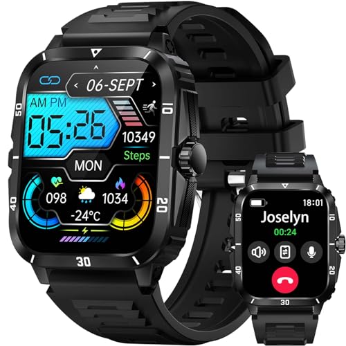 JELLOO 3ATM wasserdichte Militär-Smartwatch für Herren (Wählen/Anrufe tätigen), 1,96-Zoll-Sport-Smartwatch, Fitness-Tracker, Herzfrequenz, Schlafüberwachung, kompatibel mit Android iOS von JELLOO