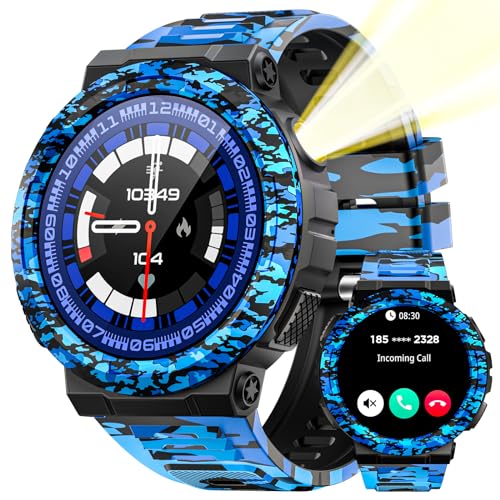 JELLOO Militär-Smartwatch für Herren (Annehmen/Tätigen von Anrufen), 3 ATM wasserdicht, LED-Taschenlampe, über 100 Sport-Modi, taktische Smartwatch mit Herzfrequenz-SpO2-Schlafmonitor für iOS und von JELLOO