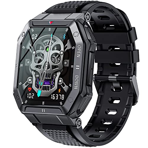 JELLOO Militär- Smartwatch für Herren (Anruf annehmen/wählen), robuste Taktische 1,86 -Zoll- HD-Smartwatch für Android-iOS-Telefone kompatibel, Sport-Fitness-Tracker mit Herzfrequenz-Schlafmonitor von JELLOO