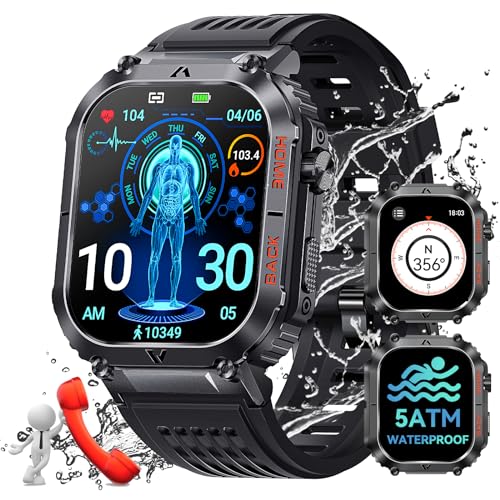 JELLOO Smartwatch Herren mit Telefonfunktion 2.02 Zoll Militär Smartwatch 5ATM Wasserdicht 100+ Sportmodi Fitnessuhr Herzfrequenz Schrittzähler Schlafmonitor Armbanduhr Sportuhr für Android iOS von JELLOO