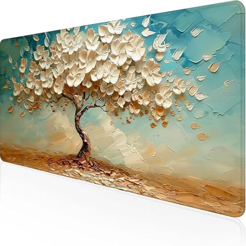 Baum Mauspad 600 x 300 x 3mm, Gaming Mauspad Blau Unterlage Schreibtisch with Stitched Edges Wassxerdicht Non-Slip Rubber Base Desk Mat für Pc, Büro Gaming Zubehör Laptop, Geschenke für Männer 9-4 von JEPGFOU