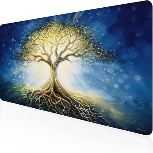 Baum Mauspad 800 x 400 x 3mm, Gaming Mauspad Blau Unterlage Schreibtisch with Stitched Edges Wassxerdicht Non-Slip Rubber Base Desk Mat für Pc, Büro Gaming Zubehör Laptop, Geschenke für Männer G-A von JEPGFOU