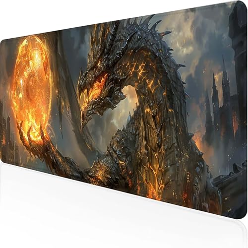 Drachen Mauspad 1000x500mm, Gaming Mauspad Gelb Unterlage Schreibtisch with Stitched Edges Wassxerdicht Non-Slip Rubber Base Desk Mat für Pc, Büro Gaming Zubehör Laptop, Geschenke für Männer 4-5 von JEPGFOU