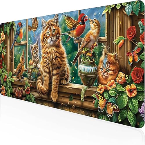 Katze Mauspad 1500 x 800 x 3mm, Gaming Mauspad Gelb Unterlage Schreibtisch with Stitched Edges Wassxerdicht Non-Slip Rubber Base Desk Mat für Pc, Büro Gaming Zubehör Laptop, Geschenke für Männer 4-7 von JEPGFOU
