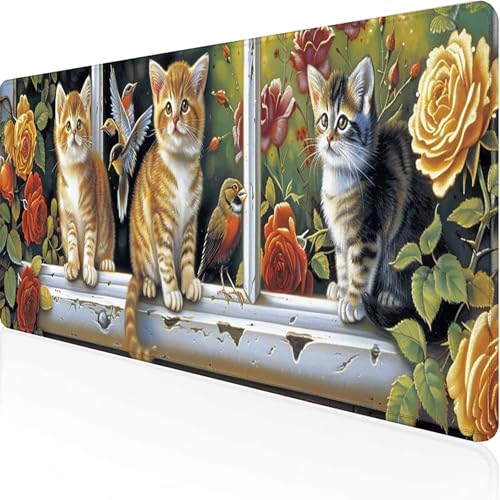 Katze Mauspad 800 x 400 x 3mm, Gaming Mauspad Gelb Unterlage Schreibtisch with Stitched Edges Wassxerdicht Non-Slip Rubber Base Desk Mat für Pc, Büro Gaming Zubehör Laptop, Geschenke für Männer M-8 von JEPGFOU