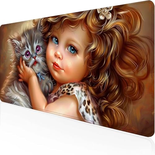 Katze Mauspad 800x400mm, Gaming Mauspad Gelb Unterlage Schreibtisch with Stitched Edges Wassxerdicht Non-Slip Rubber Base Desk Mat für Pc, Büro Gaming Zubehör Laptop, Geschenke für Männer 6-H von JEPGFOU