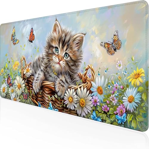 Katze Mauspad 800x400mm, Gaming Mauspad Schwarz Unterlage Schreibtisch with Stitched Edges Wassxerdicht Non-Slip Rubber Base Desk Mat für Pc, Büro Gaming Zubehör Laptop, Geschenke für Männer C-Q von JEPGFOU