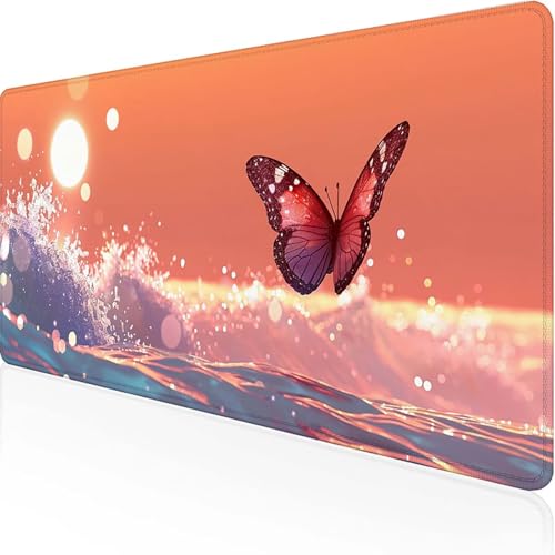 Schmetterling Mauspad 1500 x 800 x 3mm, Gaming Mauspad Rosa Unterlage Schreibtisch with Stitched Edges Wassxerdicht Non-Slip Rubber Base Desk Mat für Pc, Büro Gaming Zubehör Laptop, Geschenke 1-E von JEPGFOU