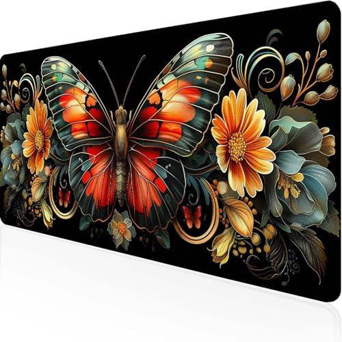 Schmetterling Mauspad 600 x 300 x 3mm, Gaming Mauspad Schwarz Unterlage Schreibtisch with Stitched Edges Wassxerdicht Non-Slip Rubber Base Desk Mat für Pc, Büro Gaming Zubehör Laptop, Geschenke V-F von JEPGFOU