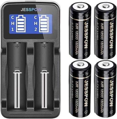 JESSPOW IMR 18500 Wiederaufladbarer Akku mit Ladegerät, wiederaufladbarer Li-Ionen-Akku, 1600 mAh, 3,7 V, mit Knopfverschluss für Taschenlampe, Solar-Gartenleuchte (4 Stück) von JESSPOW