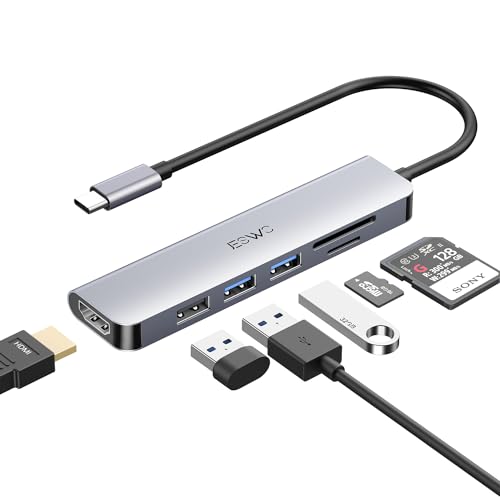 USB-C-Adapter, JESWO 6 in 1 Hub USB C HDMI 4K, USB 3.0, Lesen von SD/TF-Karte, Multiport-Adapter, kompatibel mit MacBook Pro/Air, Mac M1, iPad Pro, Dell XPS Geräte Typ C ... von JESWO