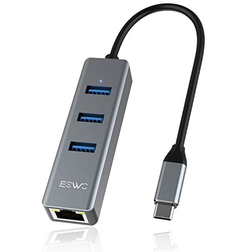 USB-C-zu-Ethernet-Adapter – JESWO Aluminium-USB-C-Hub mit RJ45-Gigabit-Netzwerk-LAN-Anschluss, High-Speed-3 USB-3.0-Anschlüsse, kompatibel mit Windows 10/8, Mac OS, iPad OS, Chrome OS, Linux usw. von JESWO
