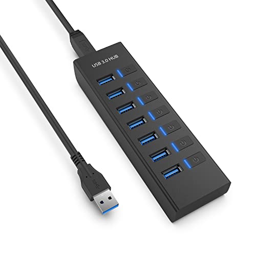 USB HUB, JESWO USB 3.0 Hub mit 7 USB-A-Anschlüssen, 100 cm Kabel, 5V-Stromanschluss und Separater Schalter mit LED-Anzeige für Windows 10, Mac OS, Ipad OS, Linux 2.6.14 und mehr von JESWO