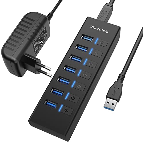 USB Hub Aktiv 3.0 mit Netzteil, JESWO 7 Ports USB 3.0 Hub aktiver Datenhub mit 15W(5V/3A) Netzteil Adapter, 100cm Abnehmbar Kabel, USB Verteiler mit LED Separater Schalter von JESWO