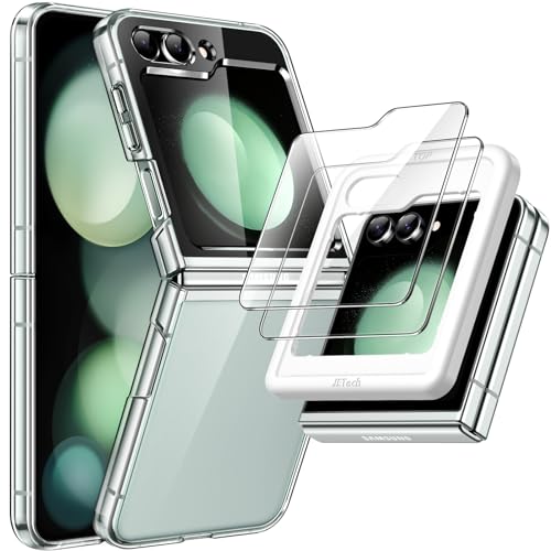 JETech 3 in 1 Hülle für Samsung Galaxy Z Flip 5 mit 2 Stück Gehärtete Glas Front Schutzfolie, Kristallklar Hart PC Shell Schutzhülle (Durchsichtig) von JETech