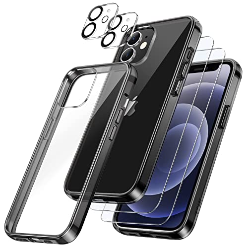 JETech 5 in 1 Hülle für iPhone 12 6,1 Zoll, mit 2 Stück Schutzfolie und 2 Stück Kameraschutz, Full Screen Panzer Schutz Glas Folie Displayschutz Kamera, Stoßfest Handyhülle (Schwarz) von JETech