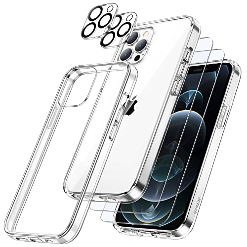 JETech 3 in 1 Hülle für iPhone 12 Pro 6,1 Zoll mit 2 Stück Schutzfolie und Kameraschutz, Nie Vergilbung, Full Screen Panzer Schutz Glas Folie Displayschutz, Stoßfest Handyhülle (Durchsichtig) von JETech