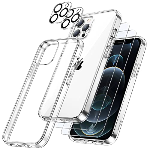 JETech 5 in 1 Hülle für iPhone 12 Pro 6,1 Zoll mit 2 Stück Schutzfolie und Kameraschutz, Nie Vergilbung, Full Screen Panzer Schutz Glas Folie Displayschutz, Stoßfest Handyhülle (Durchsichtig) von JETech