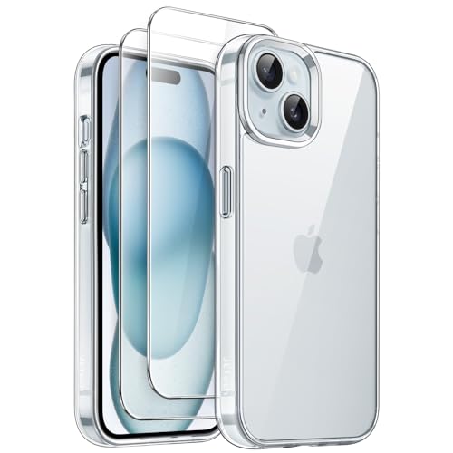 JETech 3 in 1 Hülle für iPhone 15 6,1 Zoll mit 2 Stück Gehärtetes Glas Schutzfolie, Nicht Vergilbende Stoßfest Stoßfänger Handyhülle (Durchsichtig) von JETech