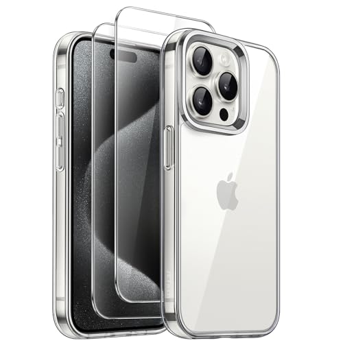 JETech 3 in 1 Hülle für iPhone 15 Pro 6,1 Zoll mit 2 Stück Gehärtetes Glas Schutzfolie, Nicht Vergilbende Stoßfest Stoßfänger Handyhülle (Durchsichtig) von JETech