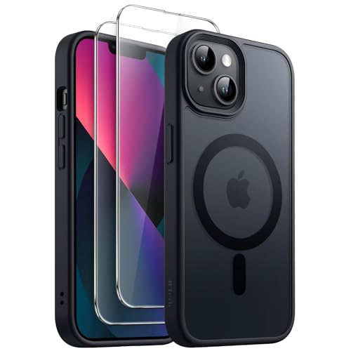 JETech 3 in 1 Magnetische Hülle für iPhone 13 6,1 Zoll mit 2 Stück Gehärtetes Glas Schutzfolie, Kompatibel mit MagSafe, Transluzente Matt Rückseite Stoßfeste Handyhülle (Schwarz) von JETech