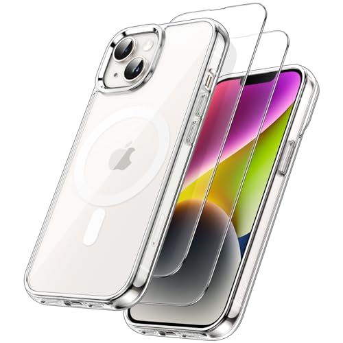 JETech 3 in 1 Magnetische Hülle für iPhone 14 6,1 Zoll mit 2 Stück Gehärtetes Glas Schutzfolie, Kompatibel mit MagSafe, Stoßfest Stoßfänger Handyhülle (Durchsichtig) von JETech