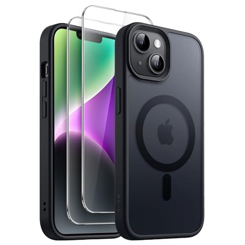 JETech 3 in 1 Magnetische Hülle für iPhone 14 6,1 Zoll mit 2 Stück Gehärtetes Glas Schutzfolie, Kompatibel mit MagSafe, Transluzente Matt Rückseite Stoßfeste Handyhülle (Schwarz) von JETech