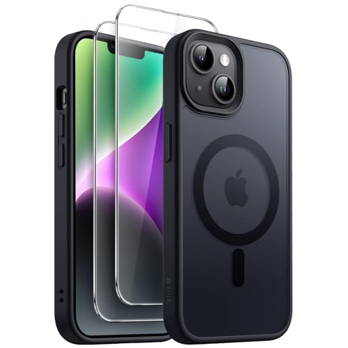 JETech 3 in 1 Magnetische Hülle für iPhone 14 Plus 6,7 Zoll mit 2 Stück Gehärtetes Glas Schutzfolie, Kompatibel mit MagSafe, Transluzente Matt Rückseite Stoßfeste Handyhülle (Schwarz) von JETech