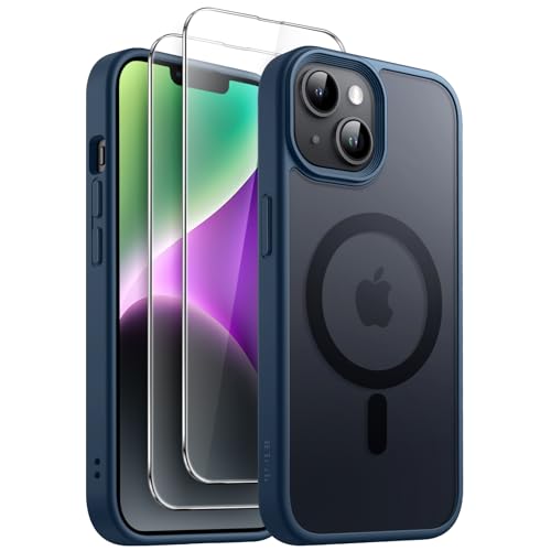 JETech 3 in 1 Magnetische Hülle für iPhone 14 Plus 6,7 Zoll mit 2 Stück Gehärtetes Glas Schutzfolie, Kompatibel mit MagSafe, Transluzente Matt Rückseite Stoßfeste Handyhülle (Sturmblau) von JETech
