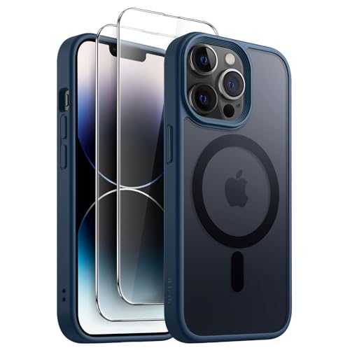 JETech 3 in 1 Magnetische Hülle für iPhone 14 Pro 6,1 Zoll mit 2 Stück Gehärtetes Glas Schutzfolie, Kompatibel mit MagSafe, Transluzente Matt Rückseite Stoßfeste Handyhülle (Sturmblau) von JETech